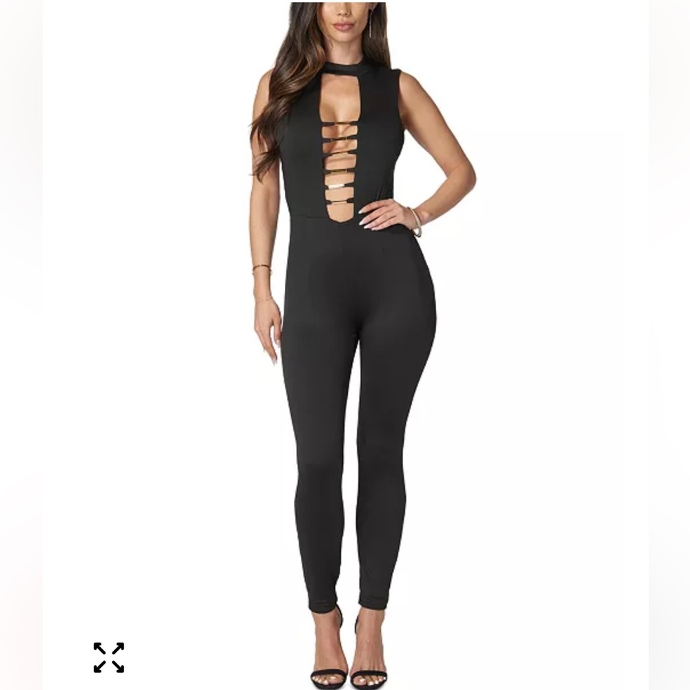 Bebe Sleeveless Gold Bar Black Jumpsuit Size XS